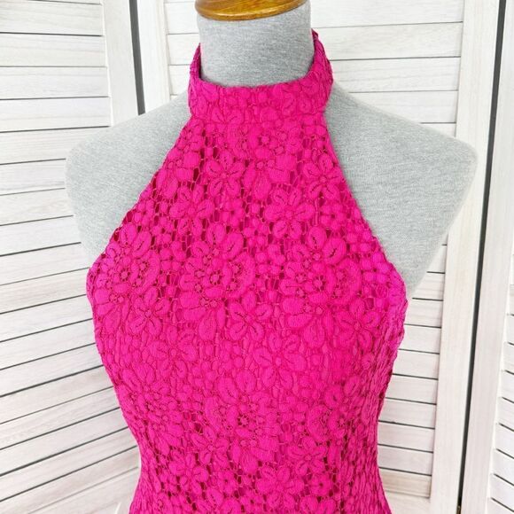 Zara Floral Lace Halter‎ Midi Sheath Dress Pink Medium Open Back - Picture 8 of 15